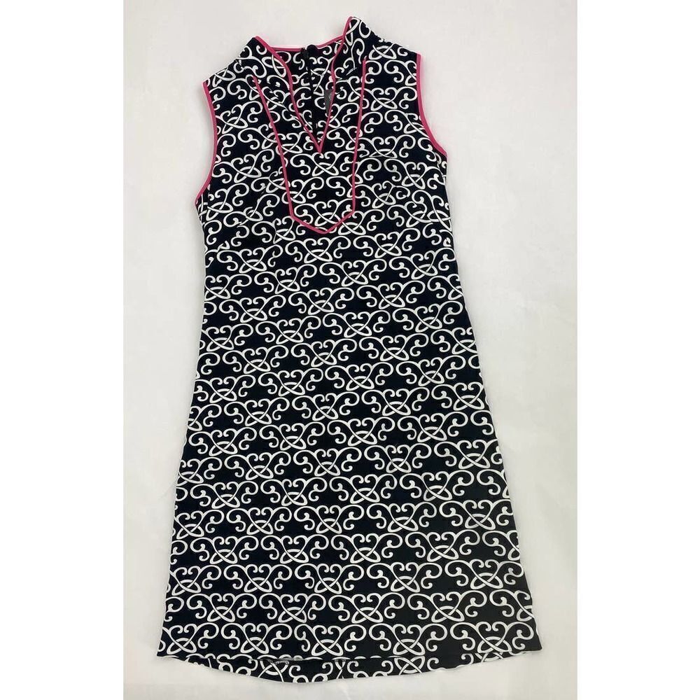 Vince Camuto Black Print Dress with Hot Pink Fuchsia Piping - Size 4 - Picture 11 of 11